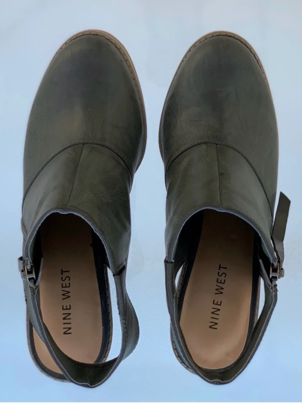 Nine West Livia 3Y Olive Green Sling Back High Heel Faux Leather Booties ~ 7.5